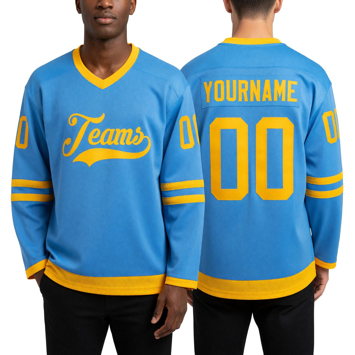 Custom Light Blue Gold Hockey Jersey worn front and back