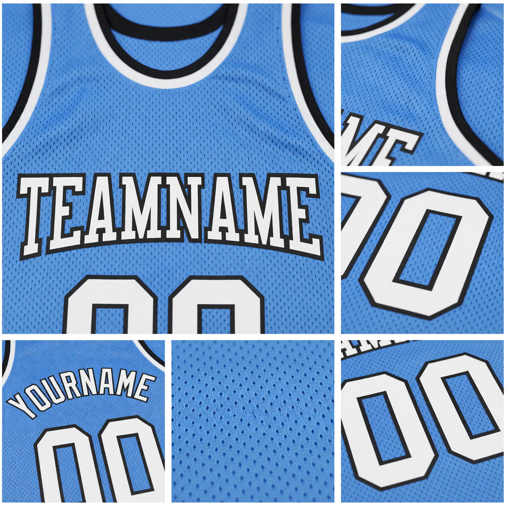 Custom Light Blue White-Black Authentic Throwback Basketball Jersey detail