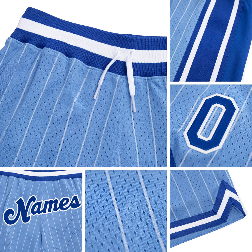 Custom Light Blue White Pinstripe Royal-White Authentic Basketball Shorts detail
