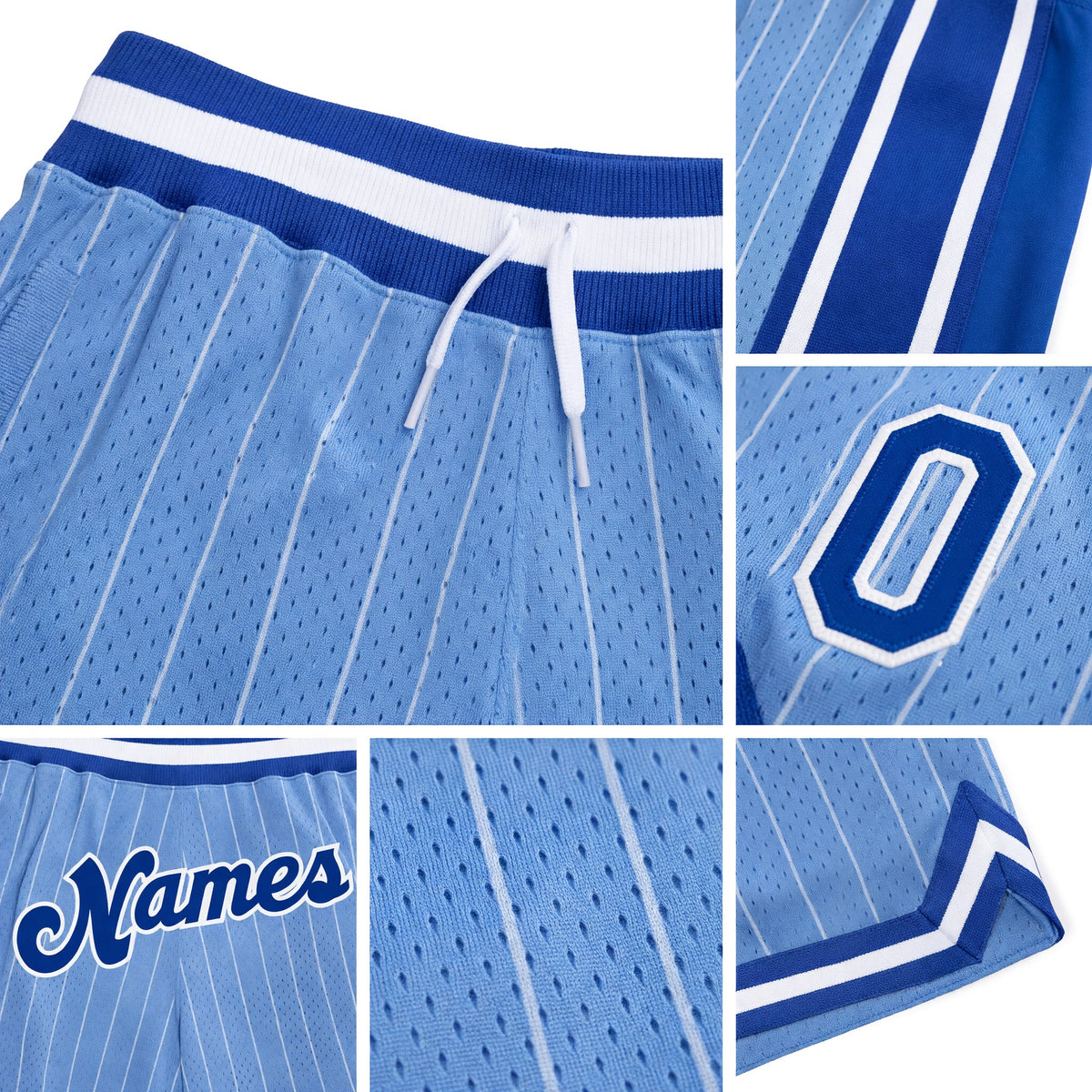 Custom Light Blue White Pinstripe Royal-White Authentic Basketball Shorts detail