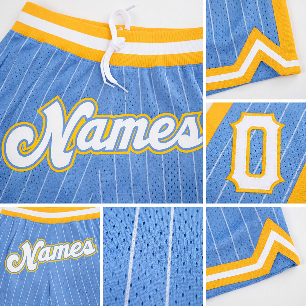 Custom Light Blue White Pinstripe White-Gold Authentic Basketball Shorts detail