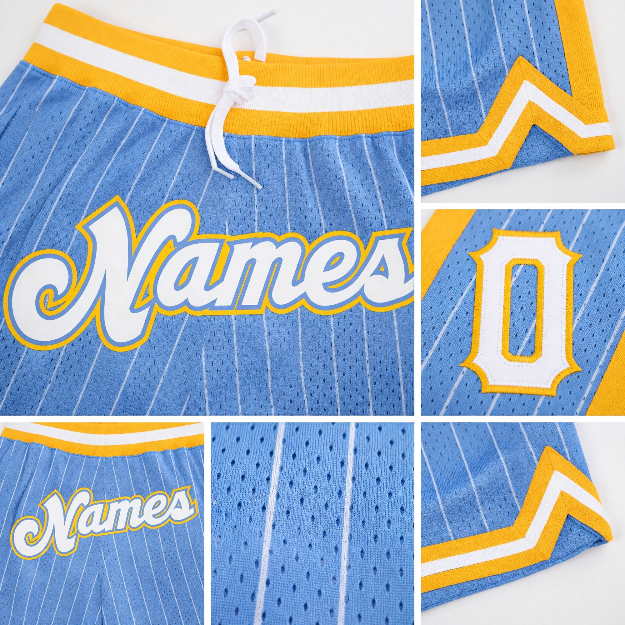 Custom Light Blue White Pinstripe White-Gold Authentic Basketball Shorts detail