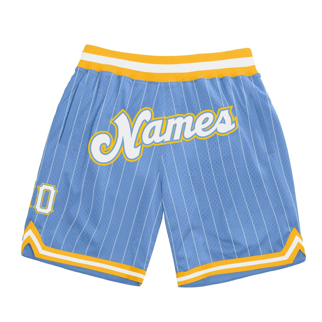 Custom Light Blue White Pinstripe White-Gold Authentic Basketball Shorts photo 1