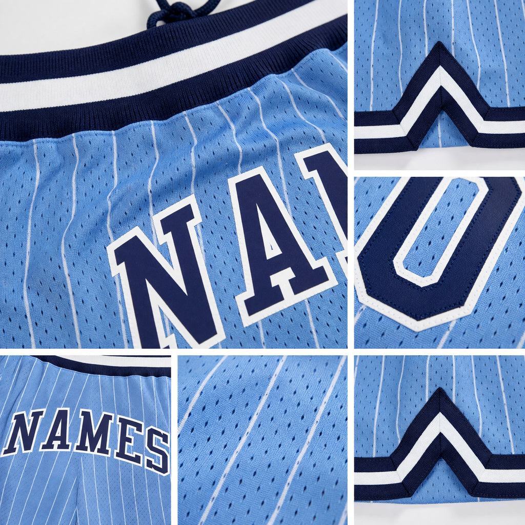 Custom Light Blue White Pinstripe Navy-White Authentic Basketball Shorts detail