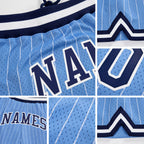 Custom Light Blue White Pinstripe Navy-White Authentic Basketball Shorts detail