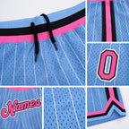Custom Light Blue White Pinstripe Pink-Black Authentic Basketball Shorts detail