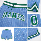 Custom Light Blue White Pinstripe Kelly Green-White Authentic Basketball Shorts detail