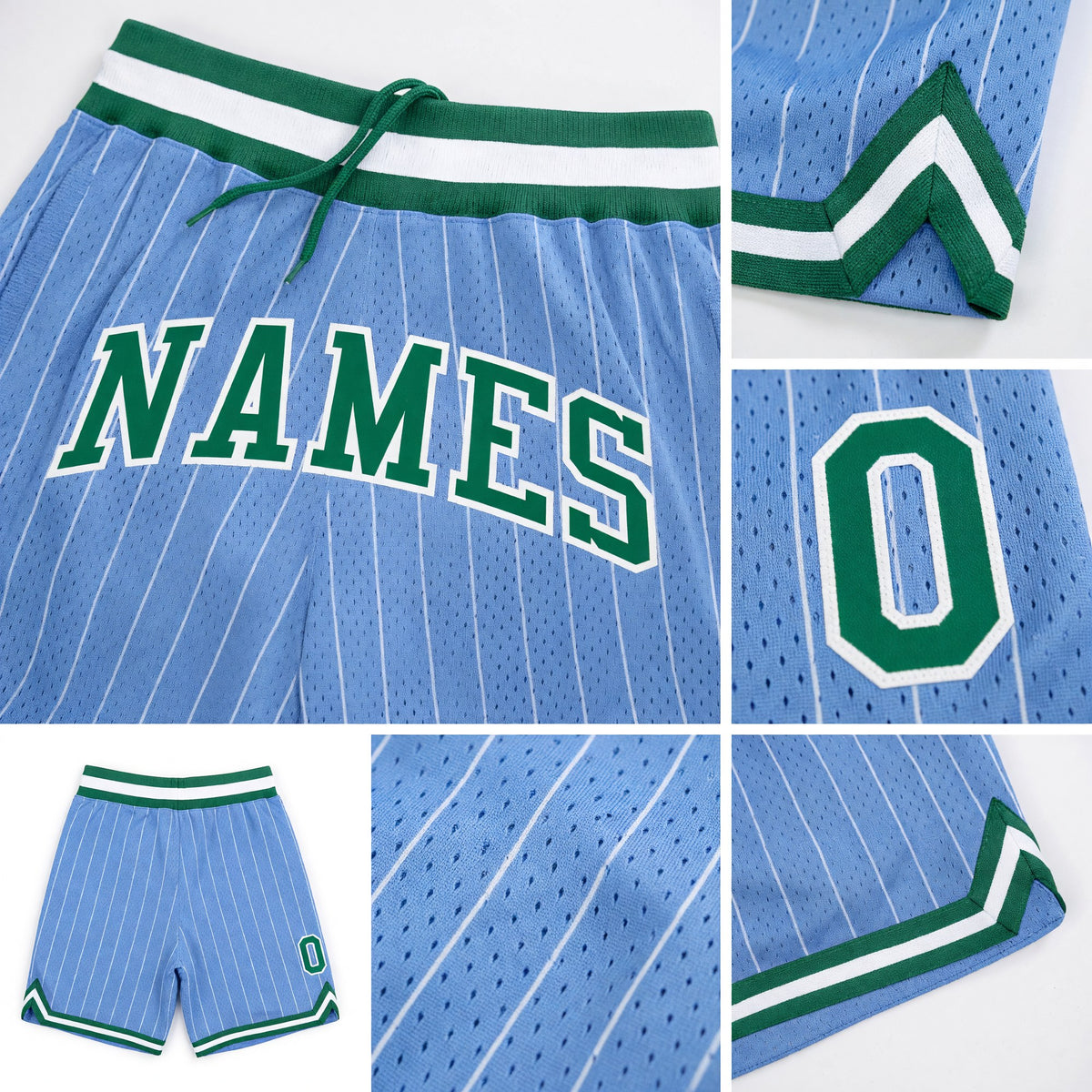 Custom Light Blue White Pinstripe Kelly Green-White Authentic Basketball Shorts detail