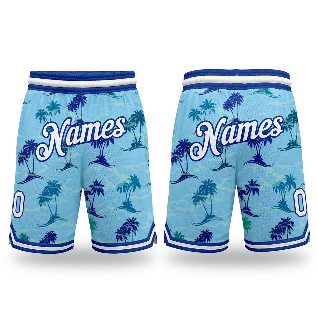 Custom Light Blue White-Royal 3D Pattern Design Palm Trees Authentic Basketball Shorts