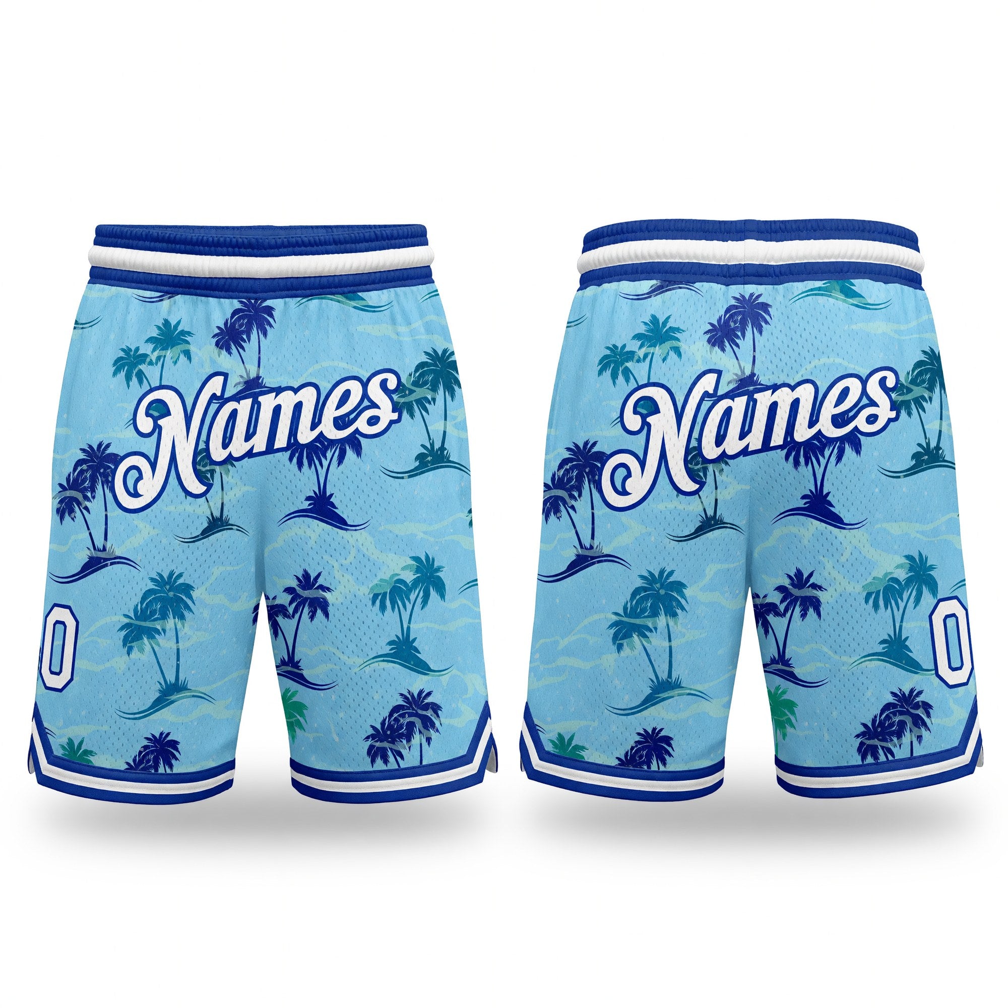 Custom Light Blue White-Royal 3D Pattern Design Palm Trees Authentic Basketball Shorts