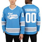 Custom Light Blue White-Gray Hockey Jersey worn front and back
