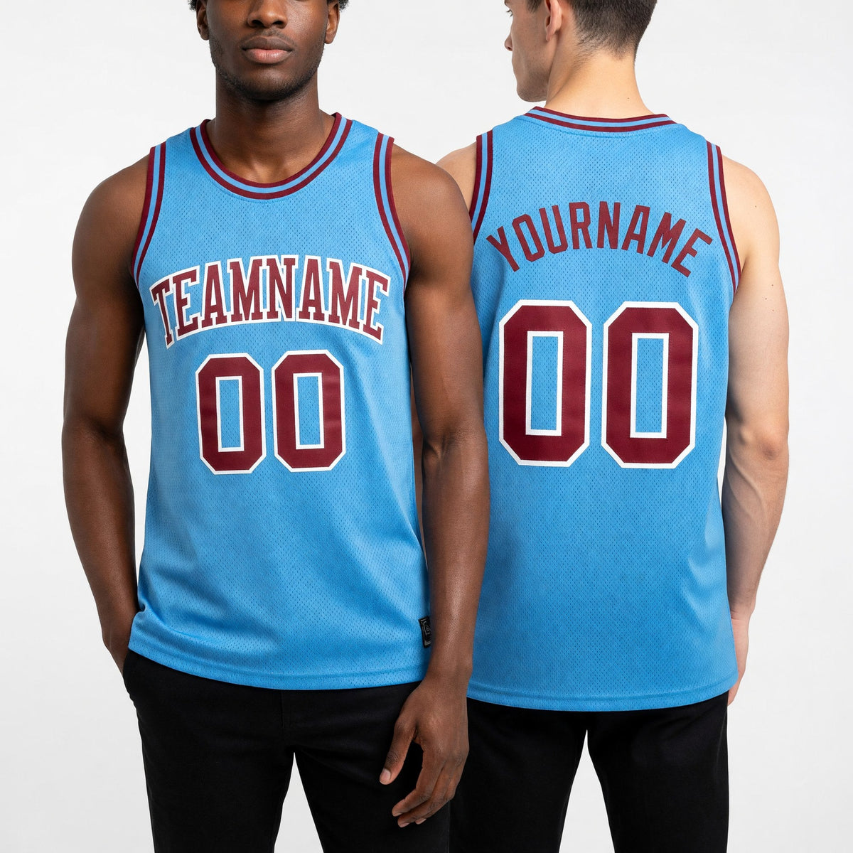 Custom Light Blue Maroon-White Authentic Throwback Basketball Jersey worn front and back