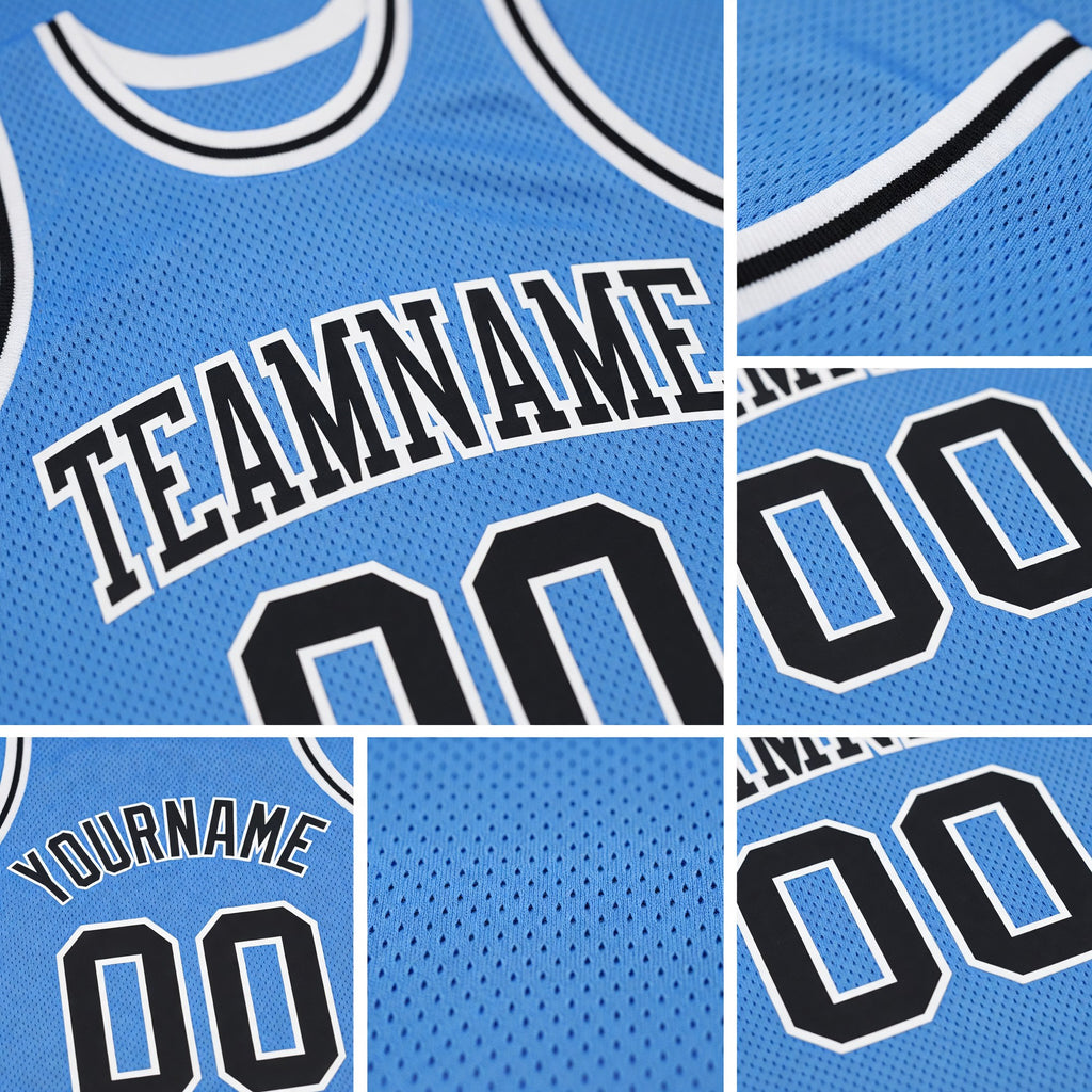 Custom Light Blue Black-White Authentic Throwback Basketball Jersey detail