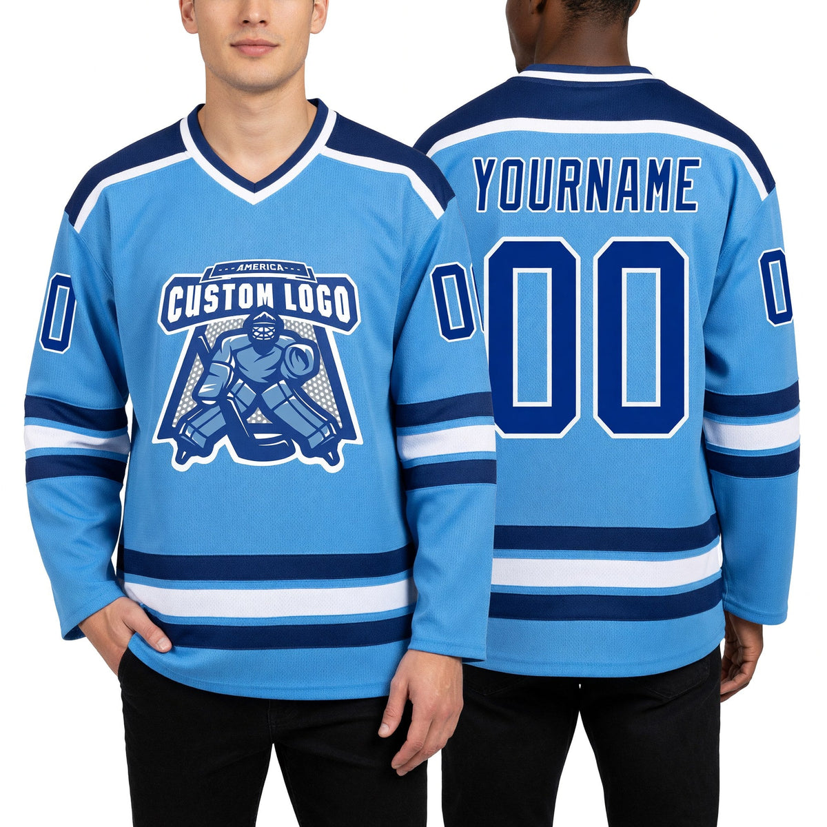 Custom Light Blue Royal-White Hockey Jersey worn front and back