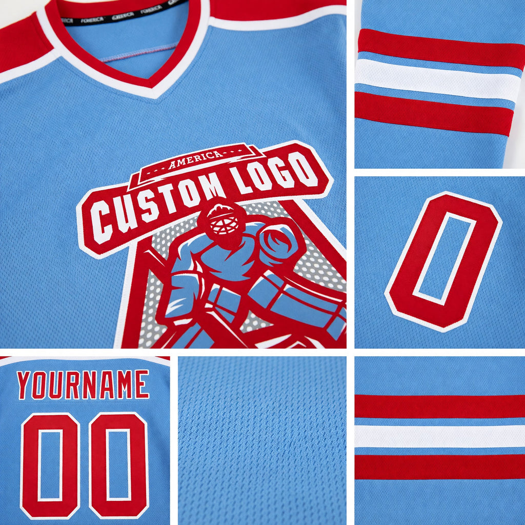 Custom Light Blue Red-White Hockey Jersey detail