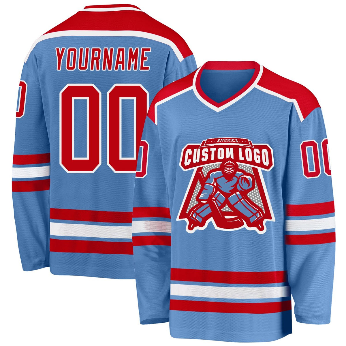 Custom Light Blue Red-White Hockey Jersey photo 1