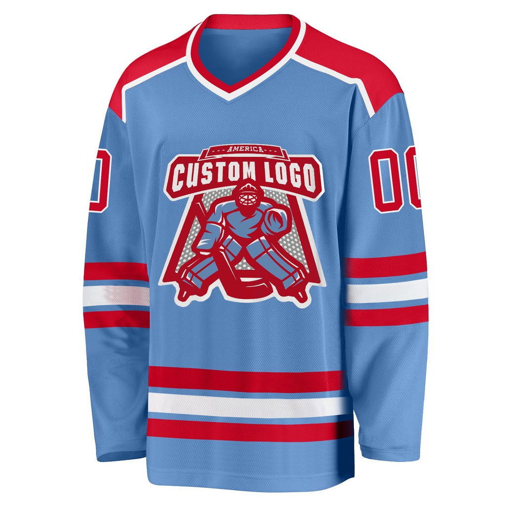 Custom Light Blue Red-White Hockey Jersey photo 2