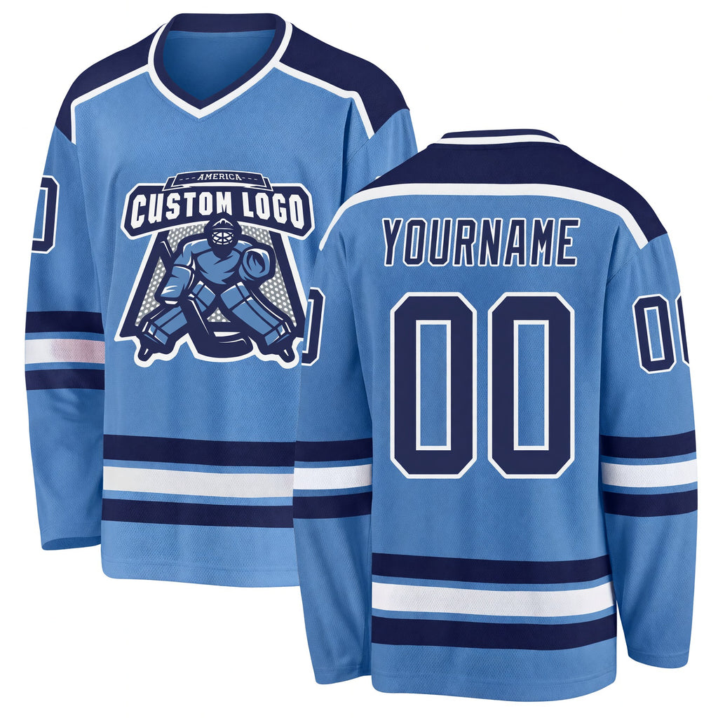 Custom Light Blue Navy-White Hockey Jersey