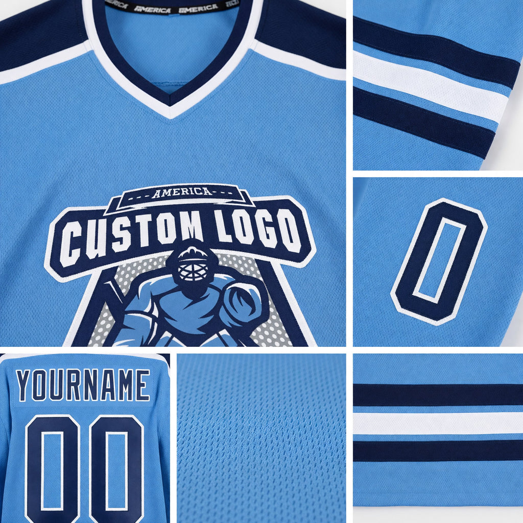 Custom Light Blue Navy-White Hockey Jersey detail
