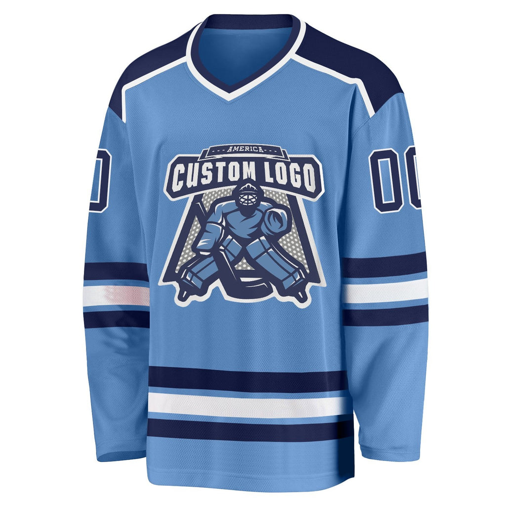 Custom Light Blue Navy-White Hockey Jersey photo 2