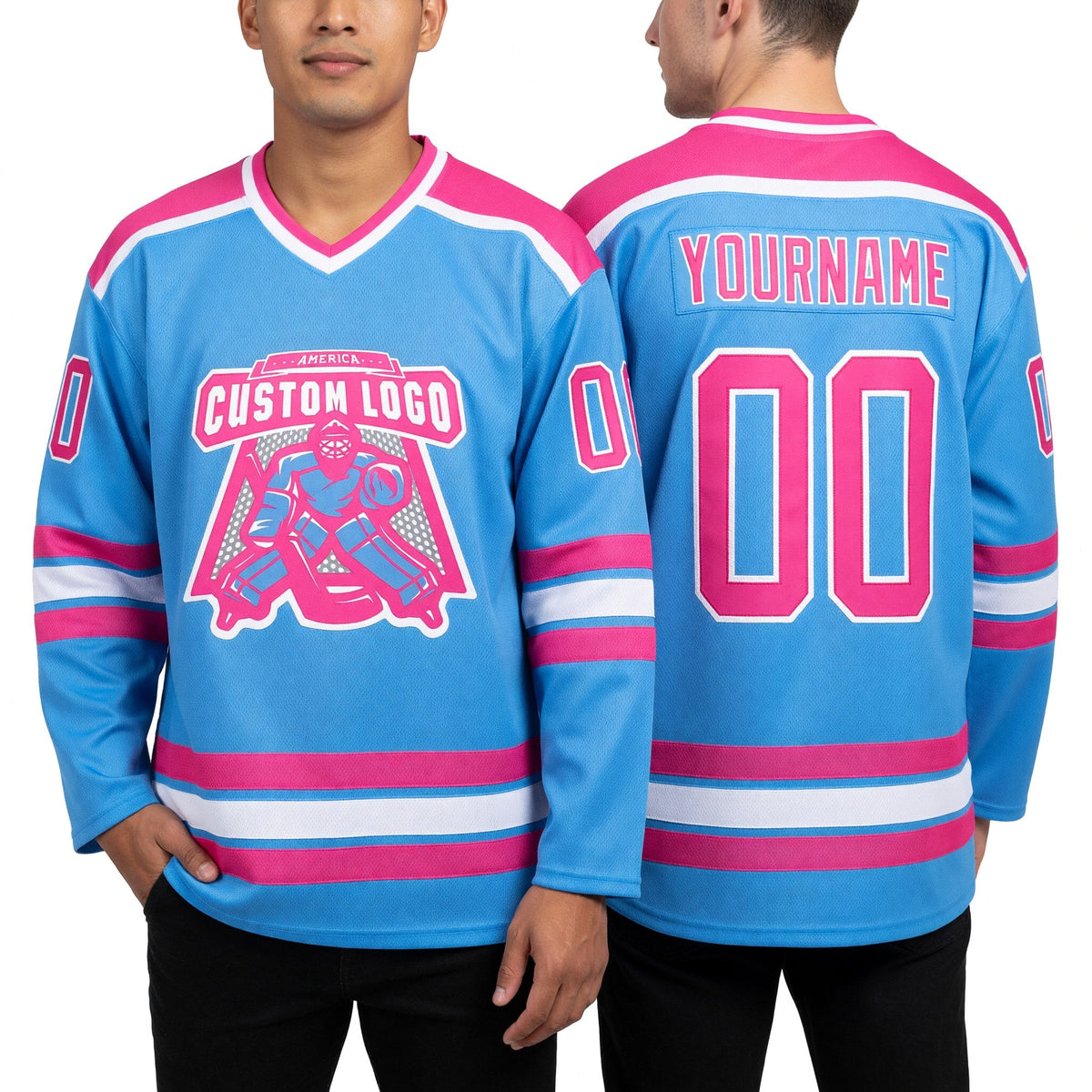 Custom Light Blue Pink-White Hockey Jersey worn front and back