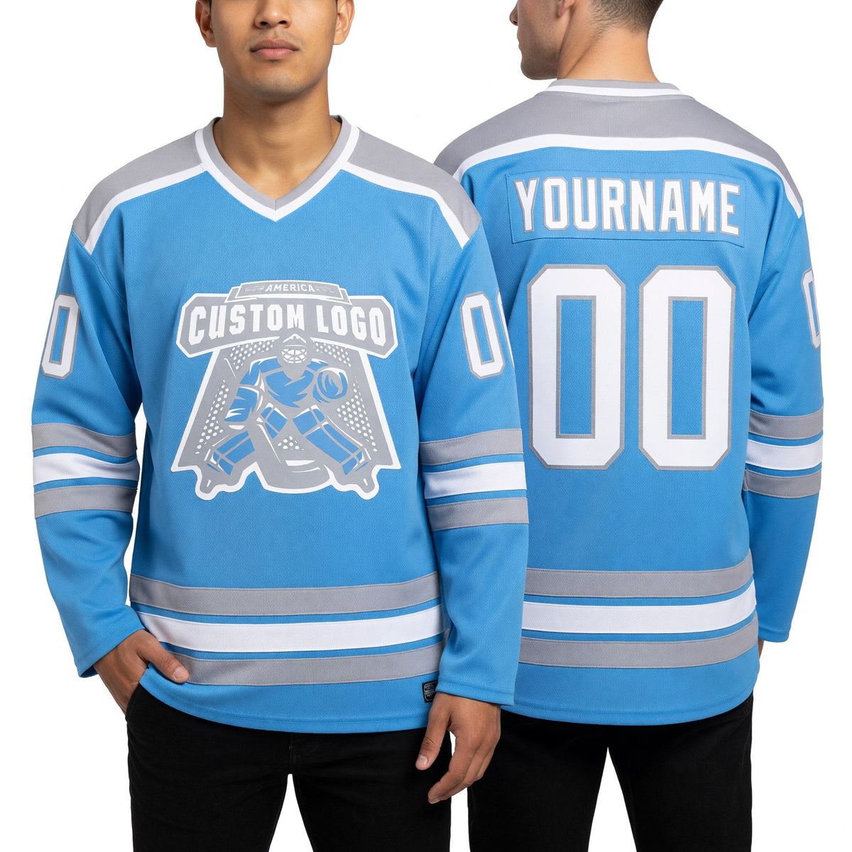 Custom Light Blue White-Gray Hockey Jersey worn front and back