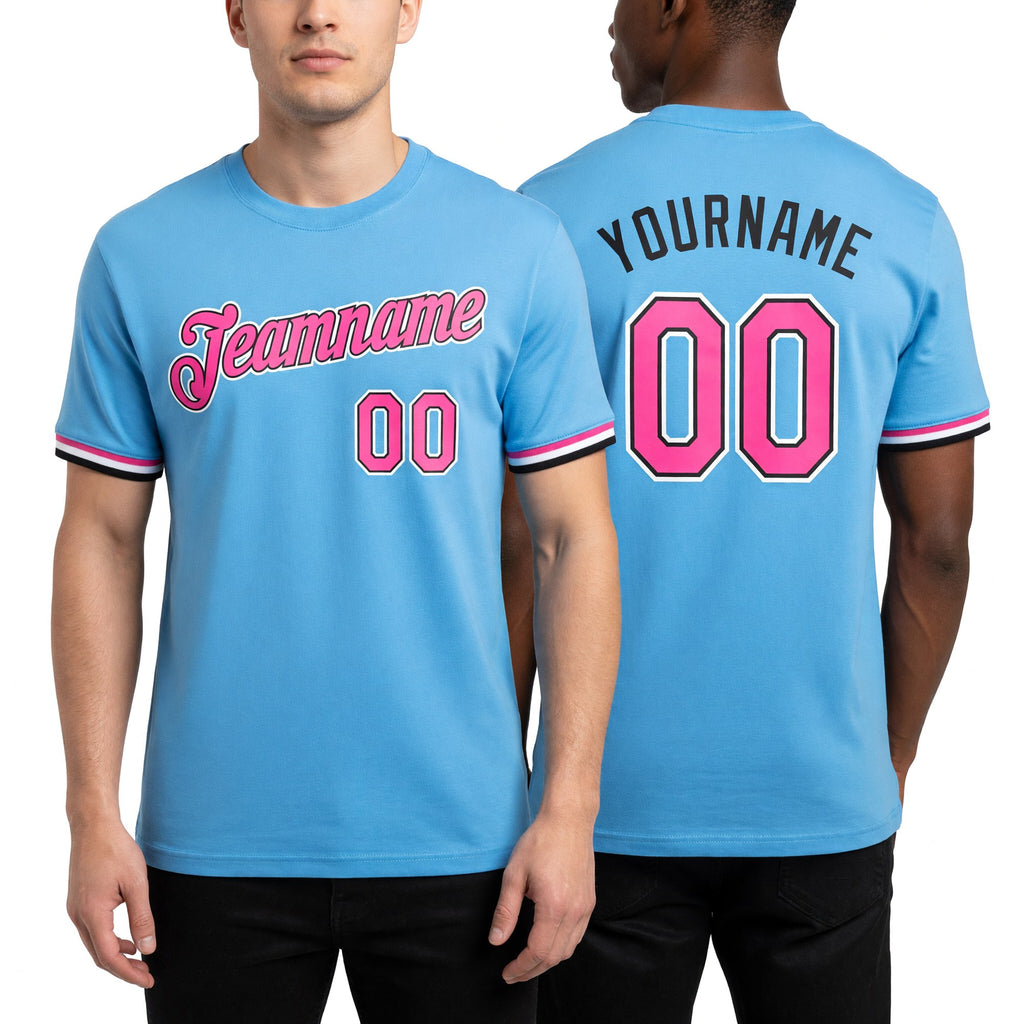 Custom Light Blue Pink-Black Performance T-Shirt worn front and back