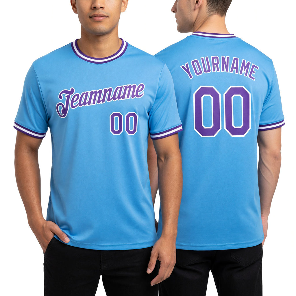 Custom Light Blue Purple-White Performance T-Shirt worn front and back
