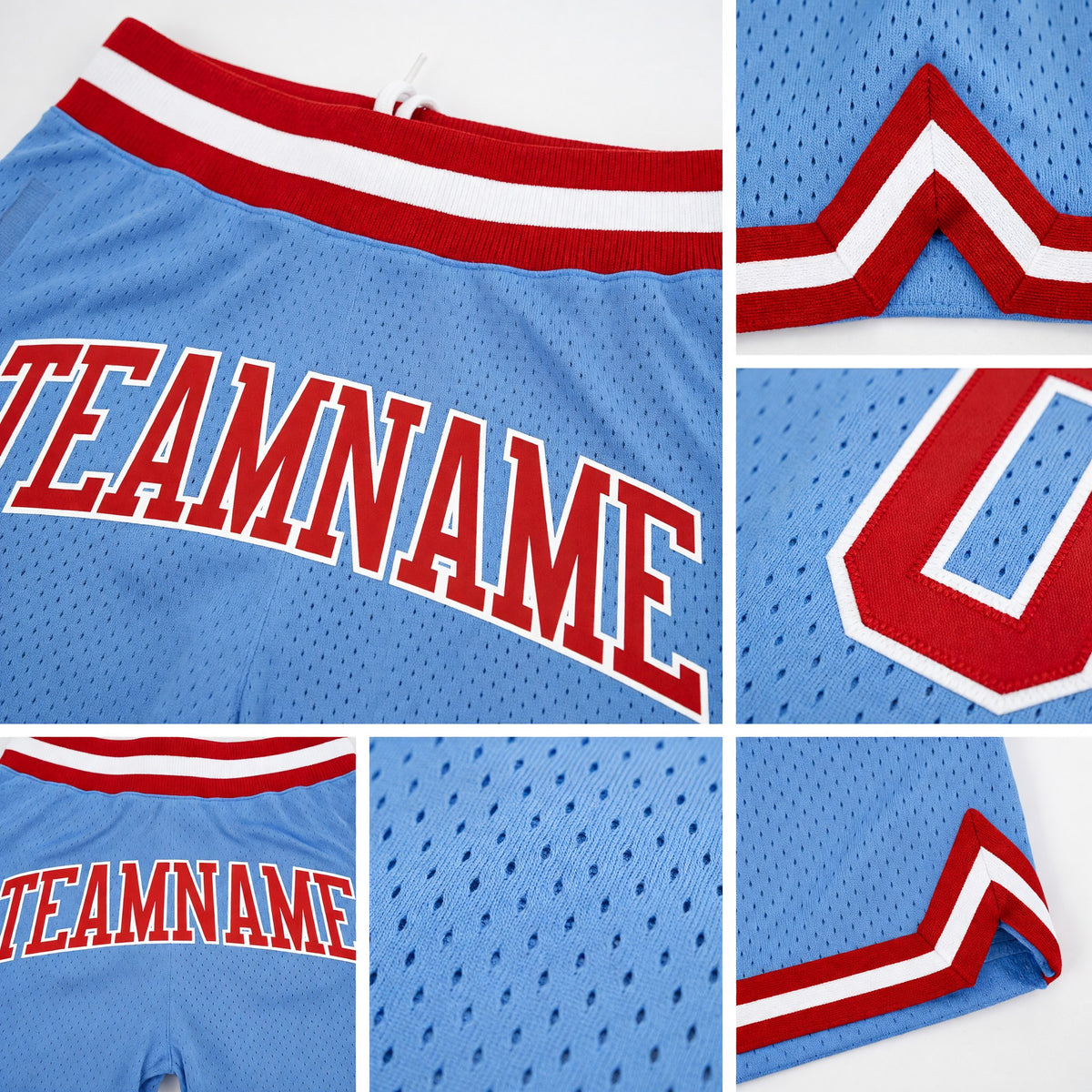 Custom Light Blue Red-White Authentic Throwback Basketball Shorts detail