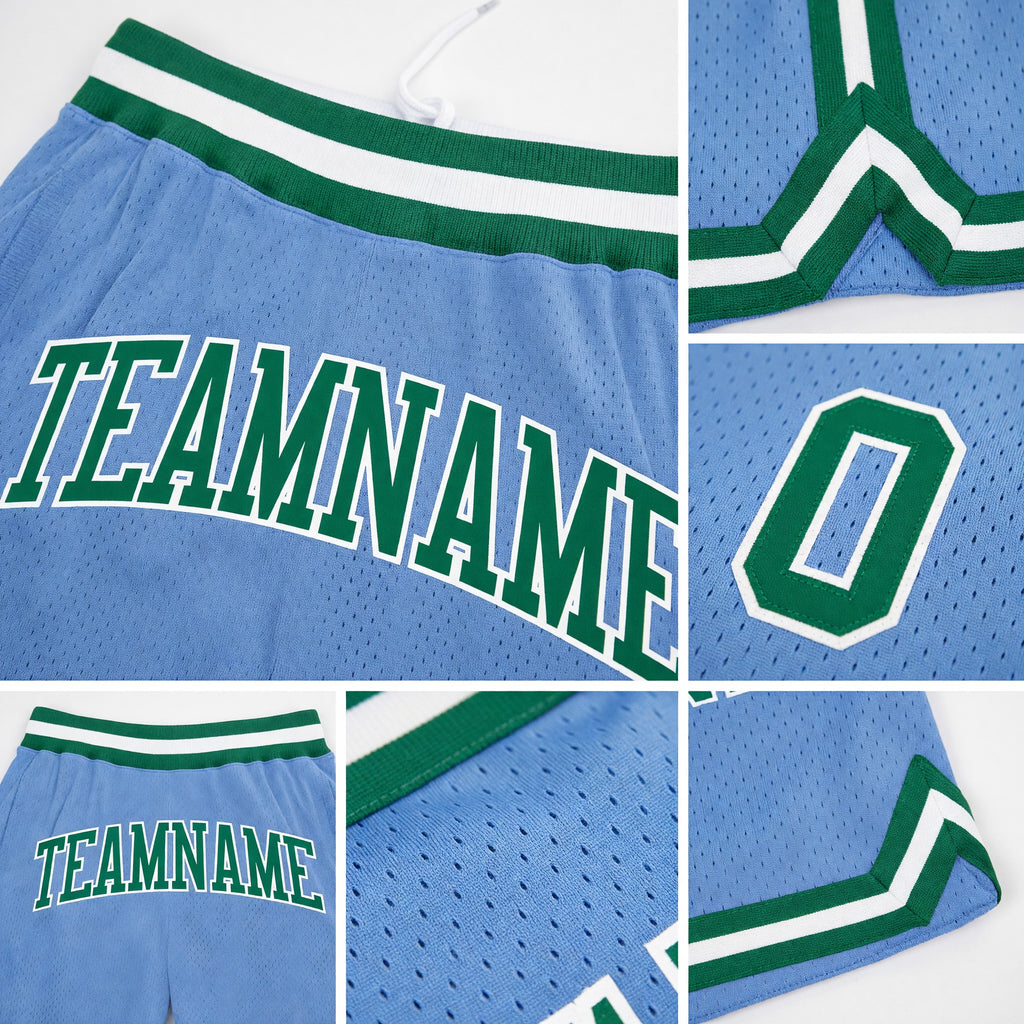 Custom Light Blue Kelly Green-White Authentic Throwback Basketball Shorts detail