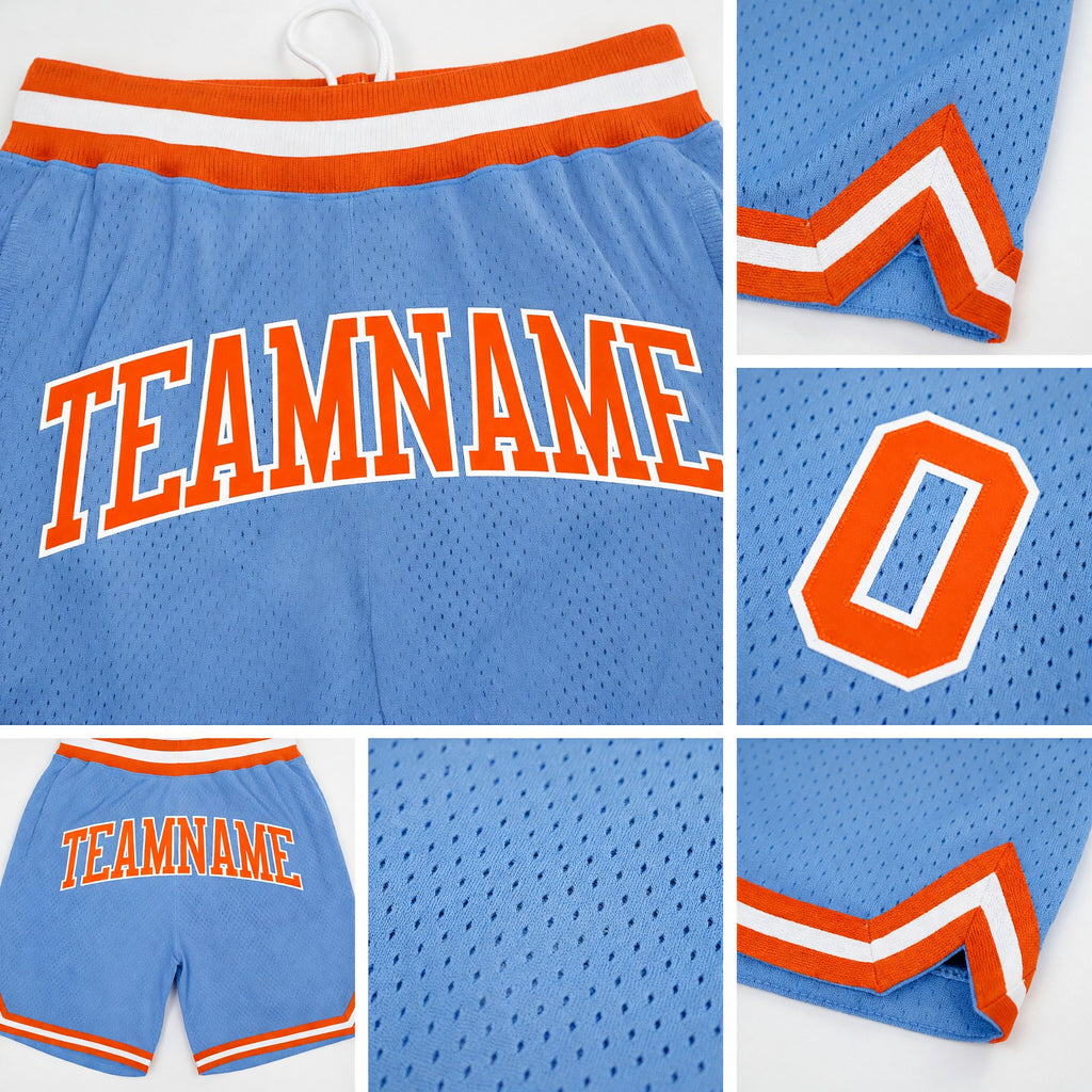 Custom Light Blue Orange-White Authentic Throwback Basketball Shorts detail