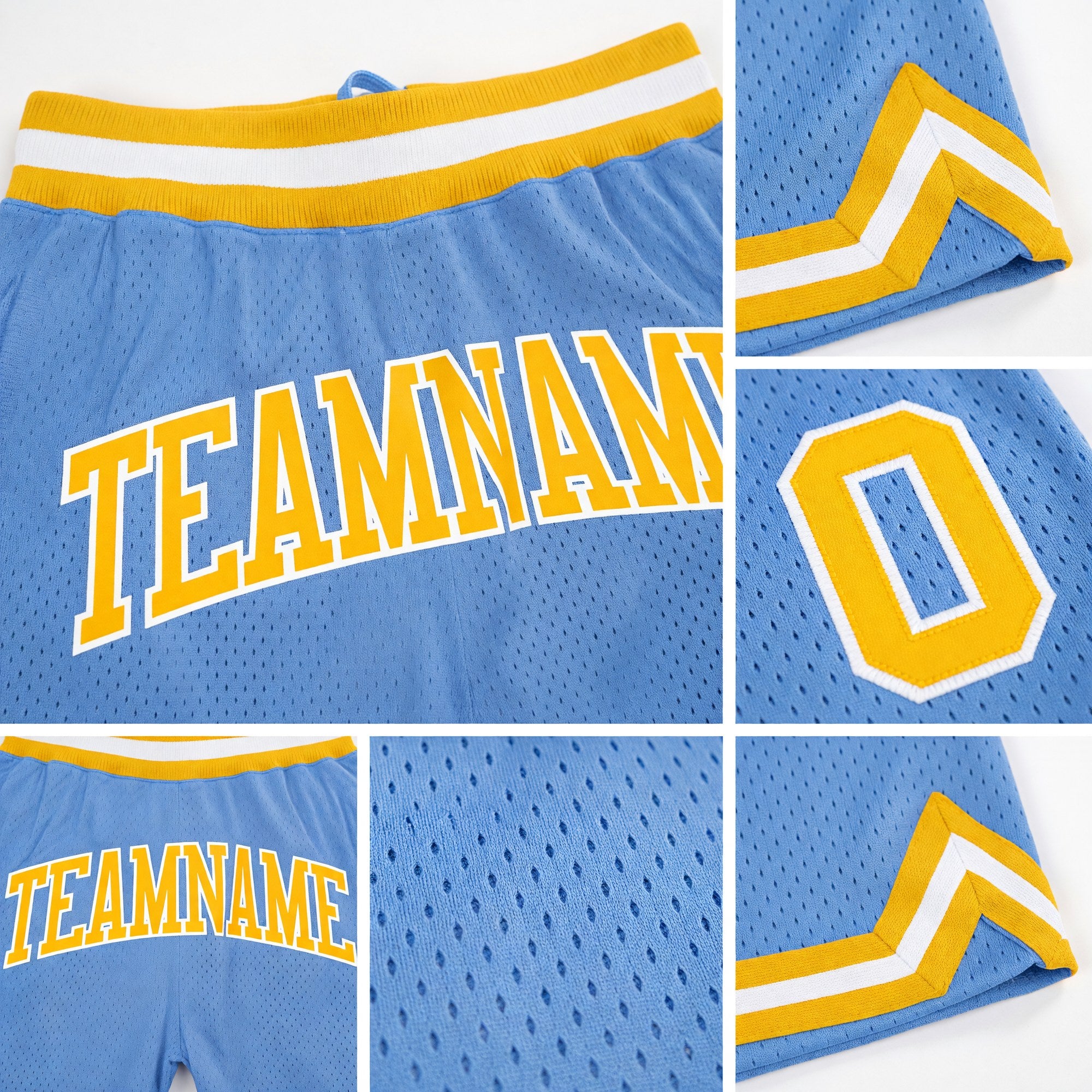 Custom Light Blue Gold-White Authentic Throwback Basketball Shorts detail