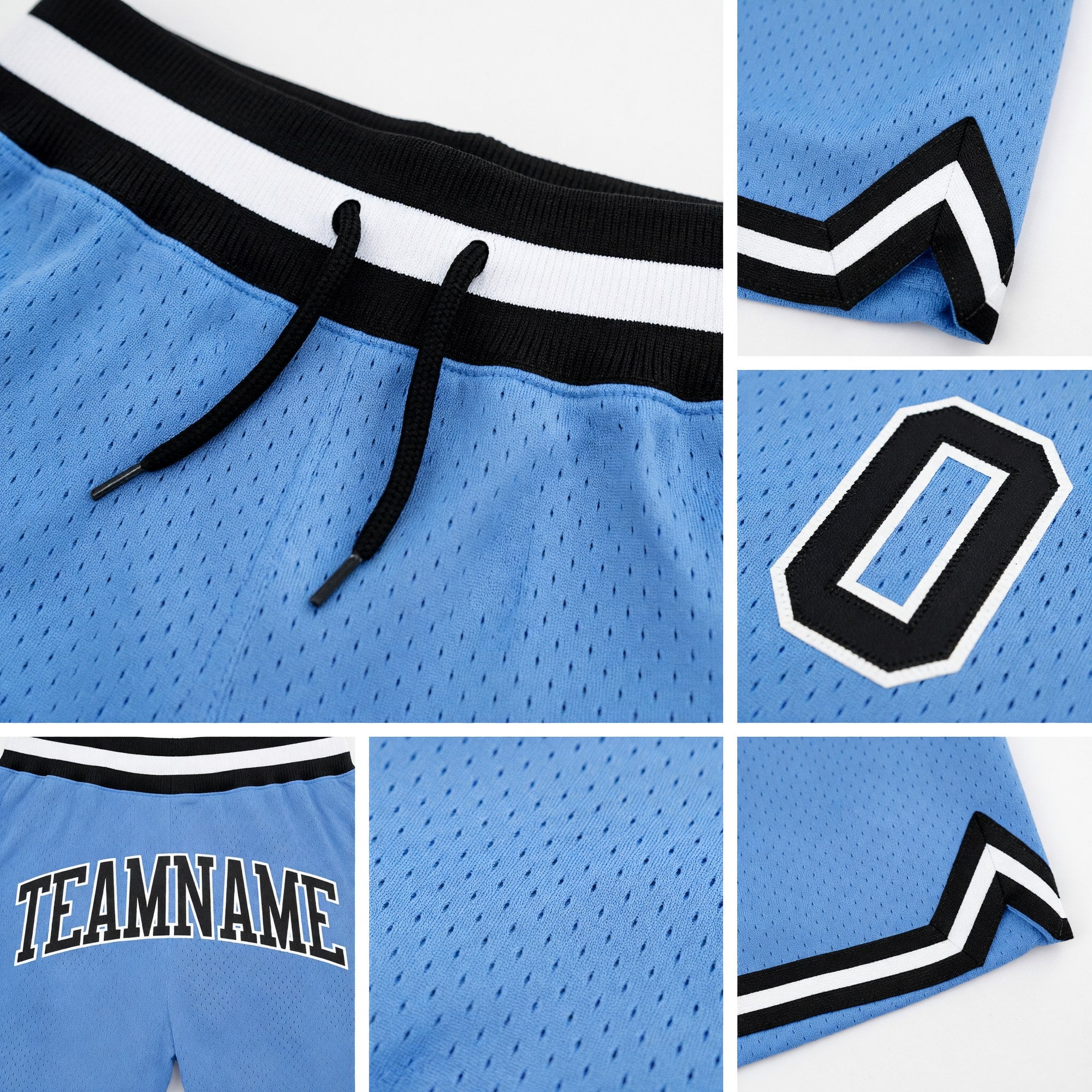 Custom Light Blue Black-White Authentic Throwback Basketball Shorts detail