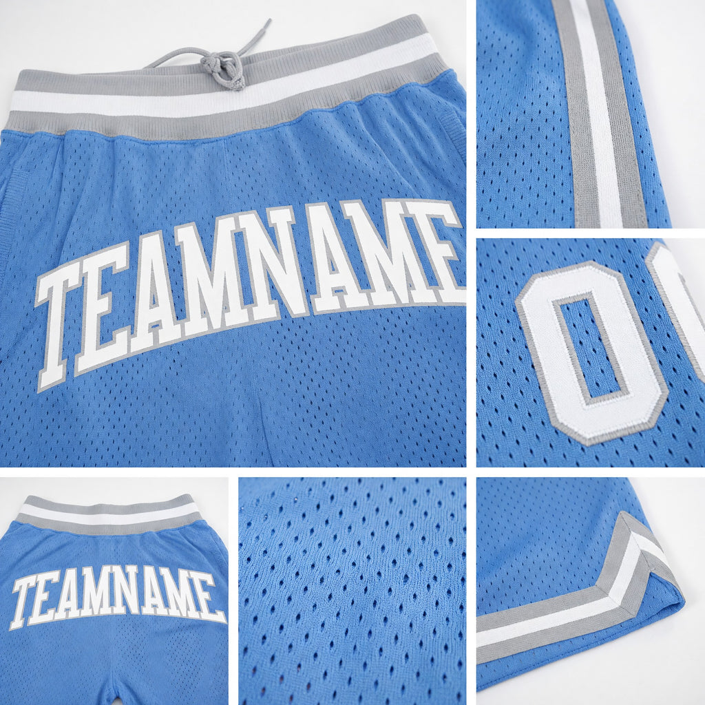 Custom Light Blue White-Gray Authentic Throwback Basketball Shorts detail