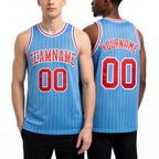 Custom Light Blue Red Pinstripe Red-White Authentic Basketball Jersey worn front and back
