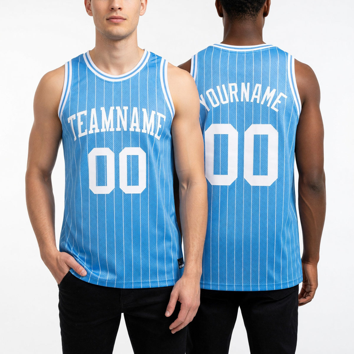 Custom Light Blue White Pinstripe White Authentic Basketball Jersey worn front and back