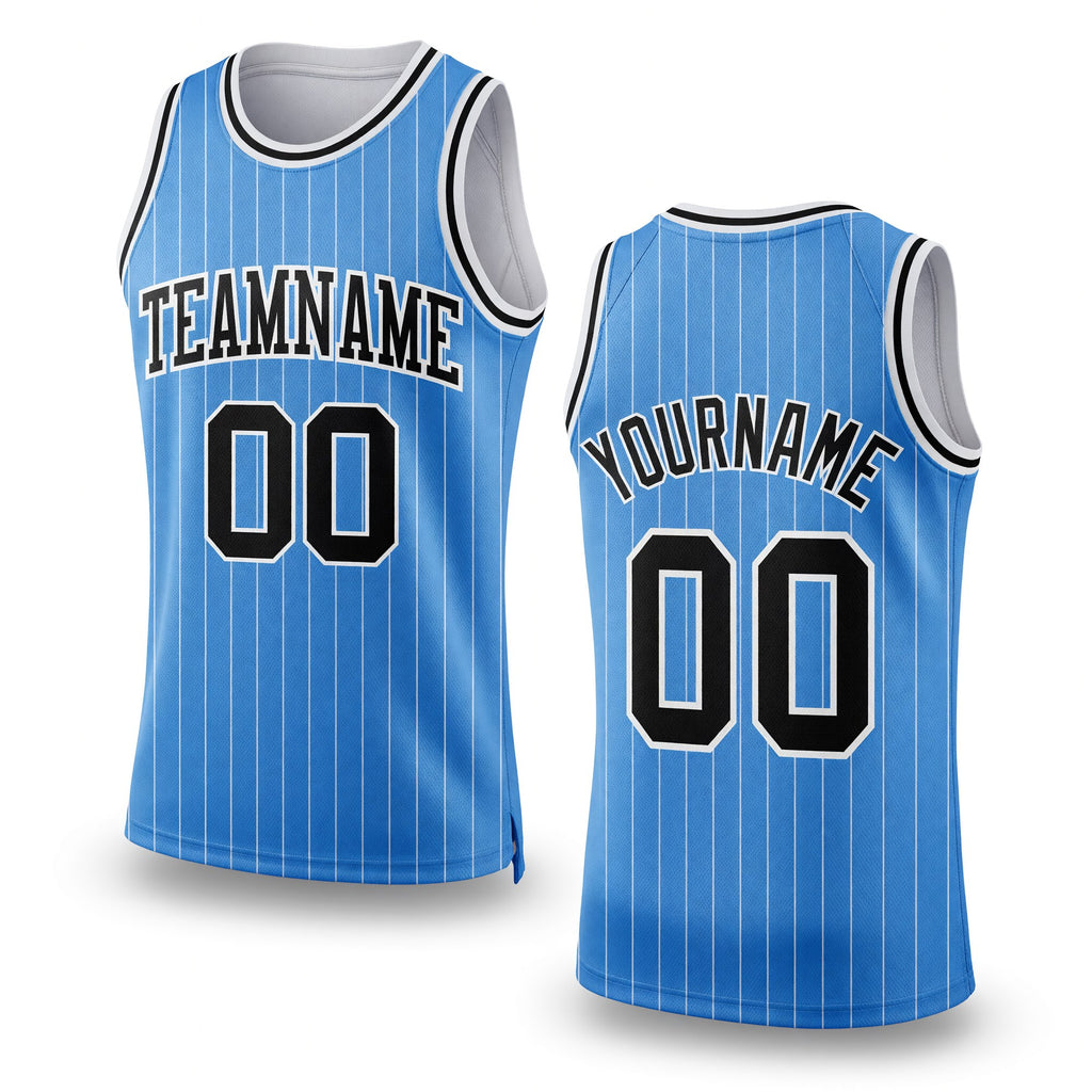 Custom Light Blue White Pinstripe Black Authentic Basketball Jersey
