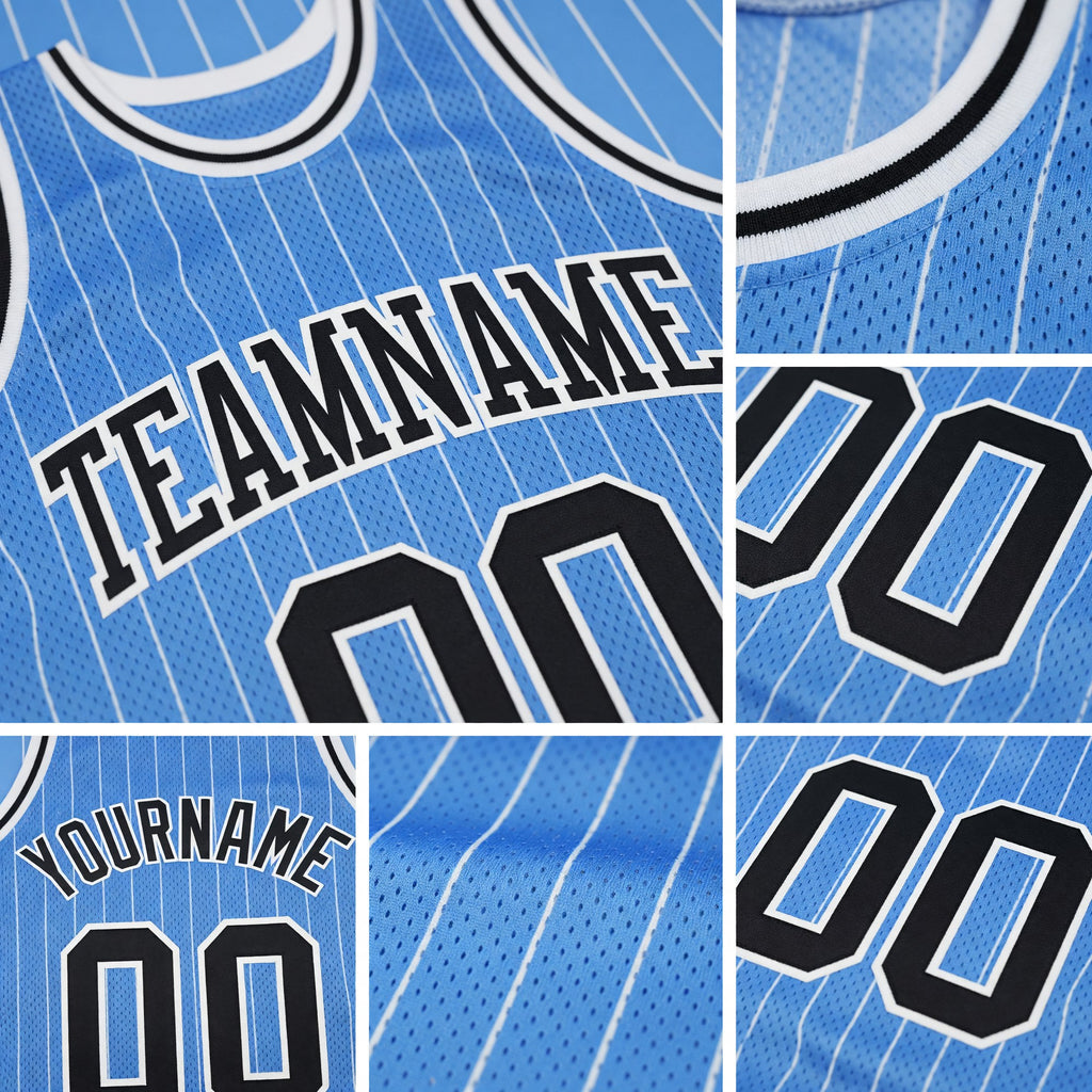 Custom Light Blue White Pinstripe Black Authentic Basketball Jersey detail