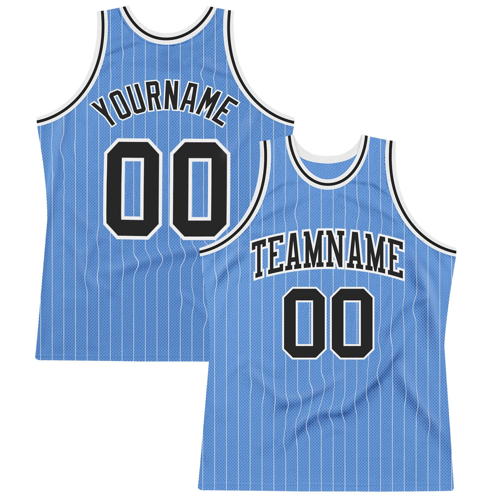 Custom Light Blue White Pinstripe Black Authentic Basketball Jersey photo 1
