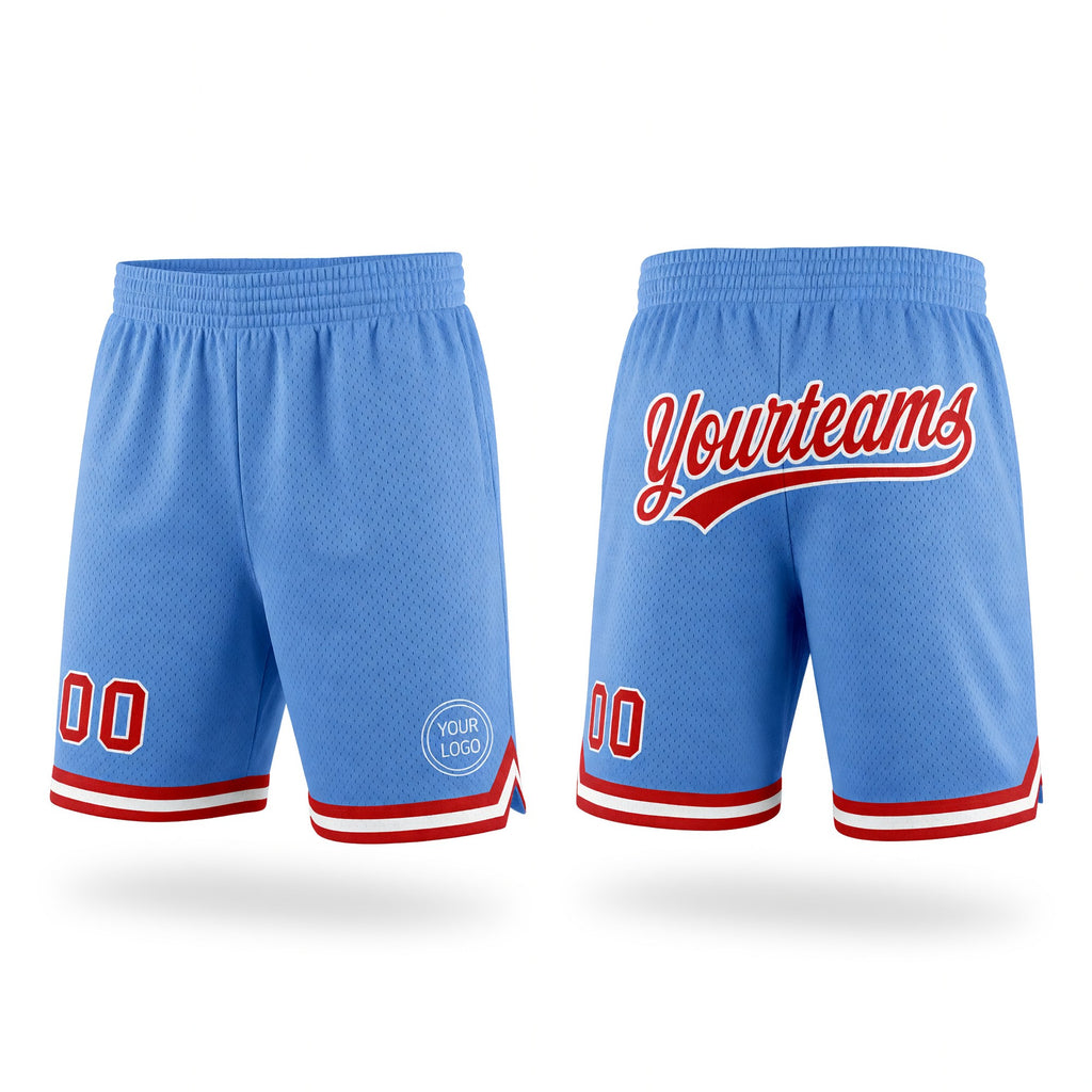 Custom Light Blue Red-White Authentic Throwback Basketball Shorts