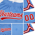 Custom Light Blue Red-White Authentic Throwback Basketball Shorts detail