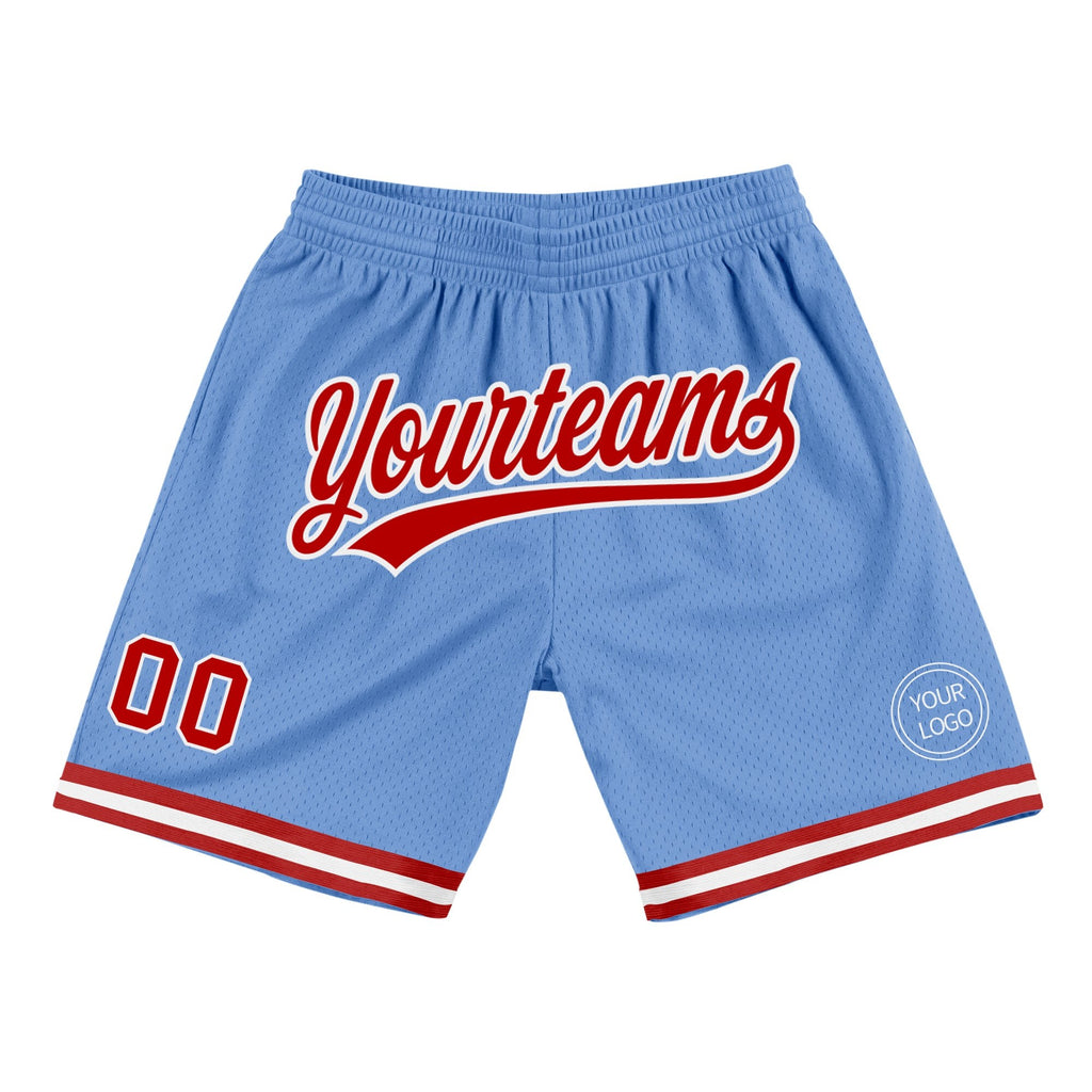 Custom Light Blue Red-White Authentic Throwback Basketball Shorts photo 1