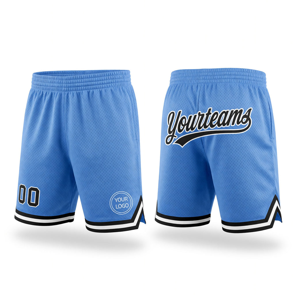 Custom Light Blue Black-White Authentic Throwback Basketball Shorts
