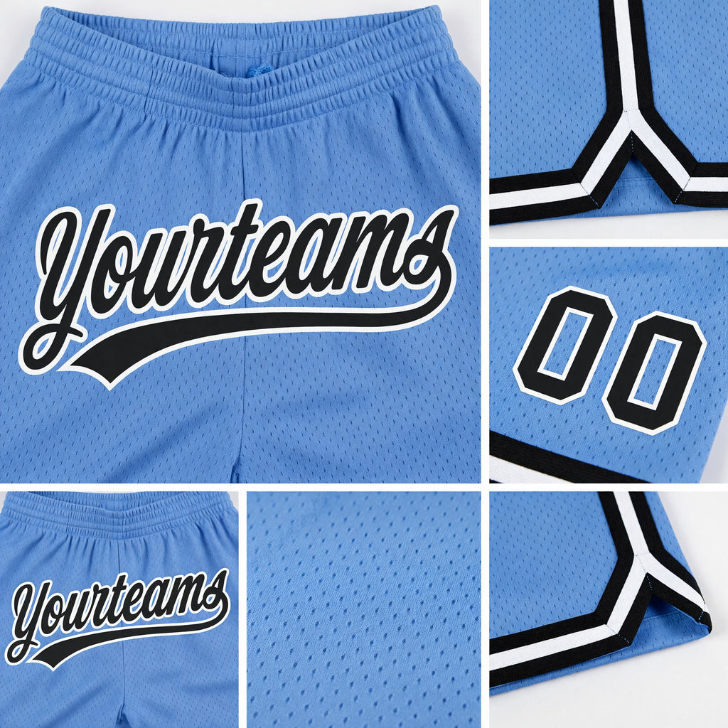 Custom Light Blue Black-White Authentic Throwback Basketball Shorts detail