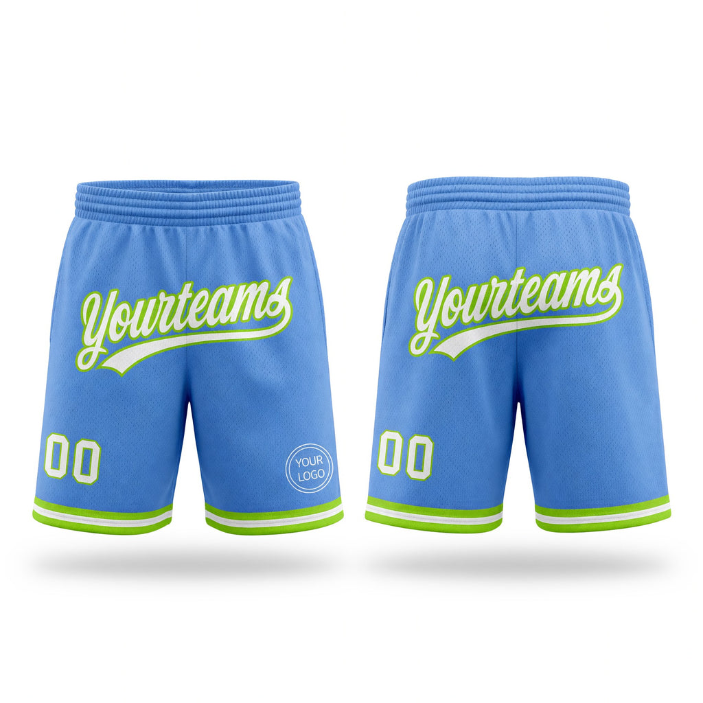 Custom Light Blue White-Neon Green Authentic Throwback Basketball Shorts