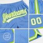 Custom Light Blue White-Neon Green Authentic Throwback Basketball Shorts detail