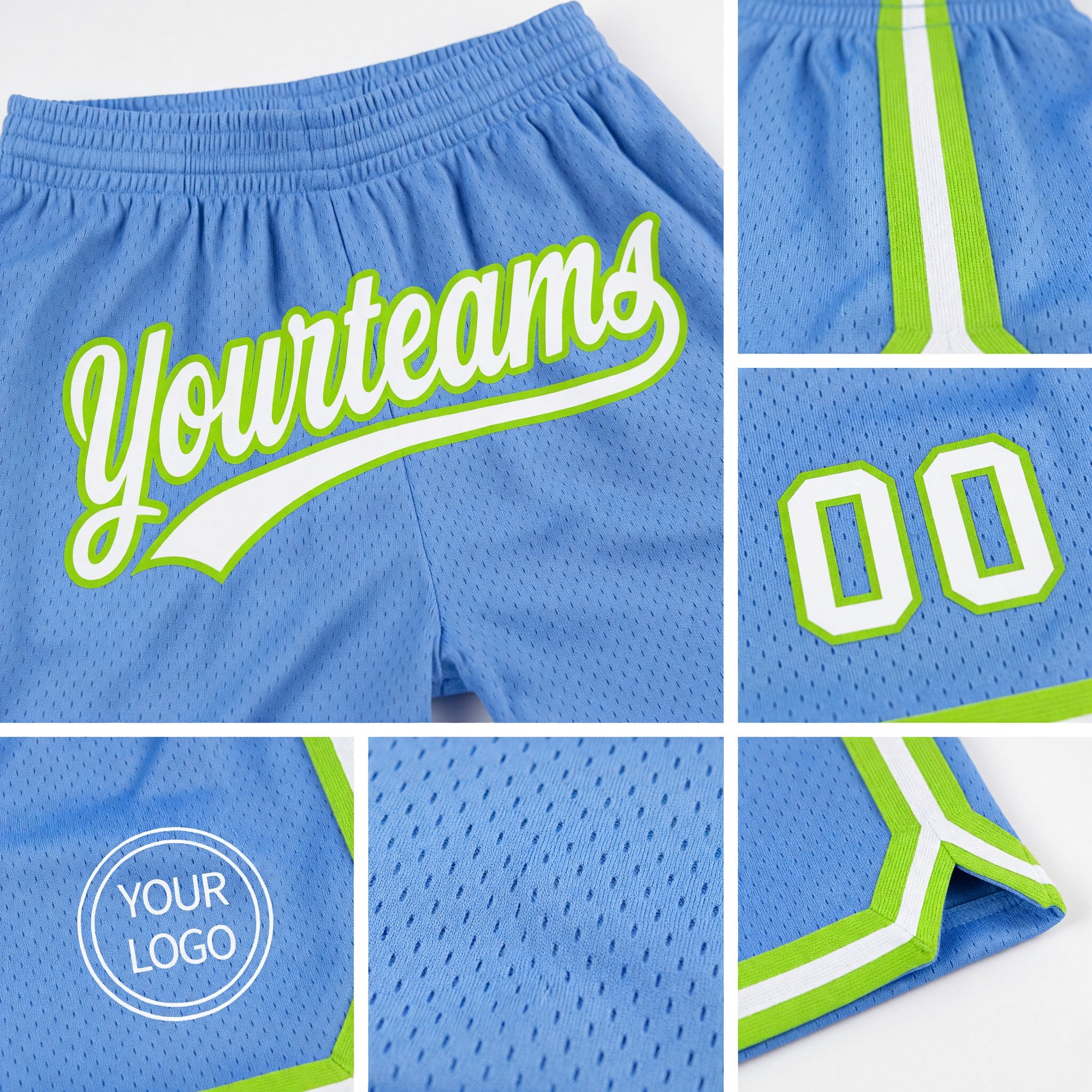 Custom Light Blue White-Neon Green Authentic Throwback Basketball Shorts detail