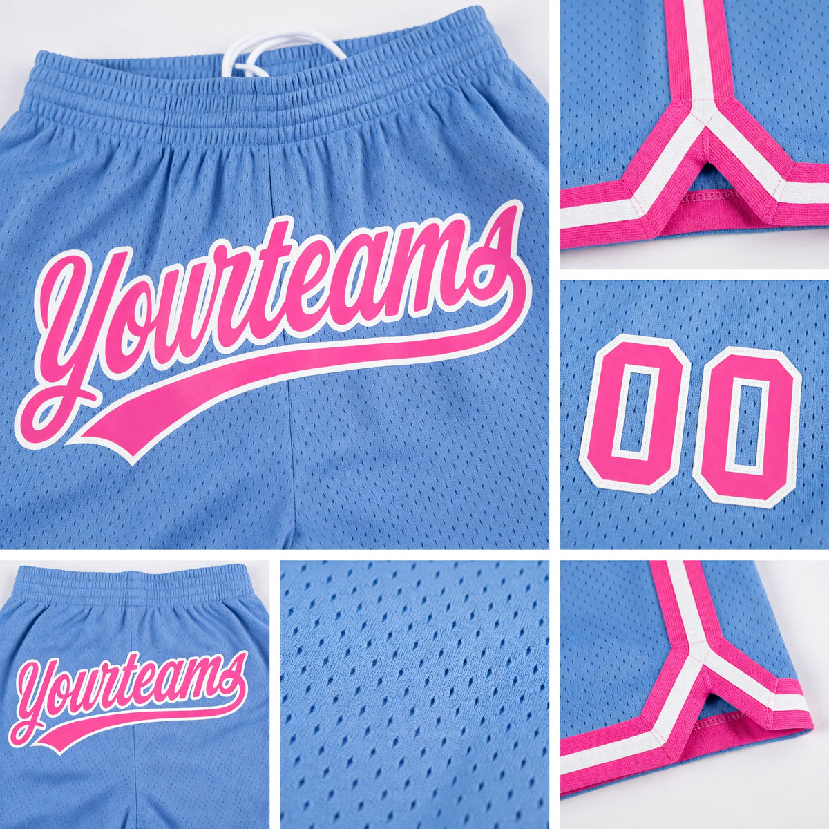 Custom Light Blue Pink-White Authentic Throwback Basketball Shorts detail