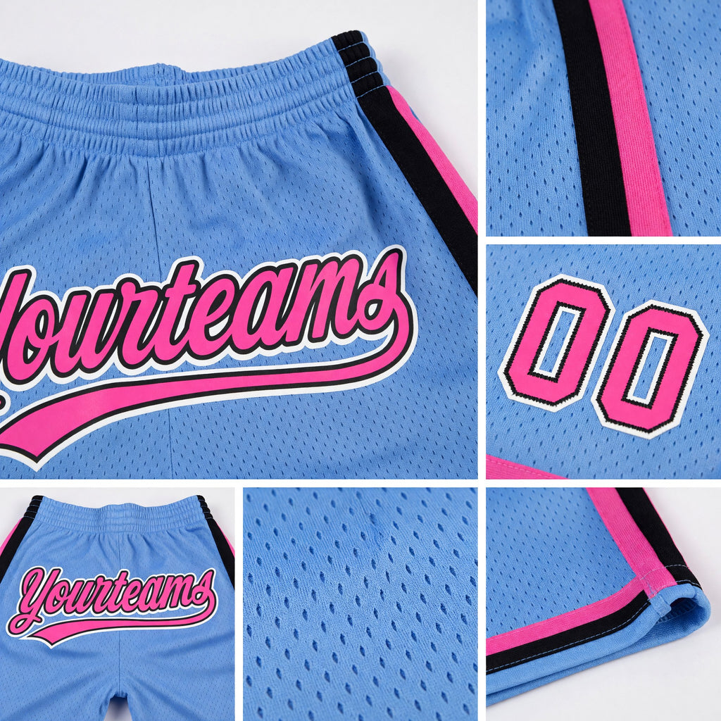 Custom Light Blue Pink-Black Authentic Throwback Basketball Shorts detail