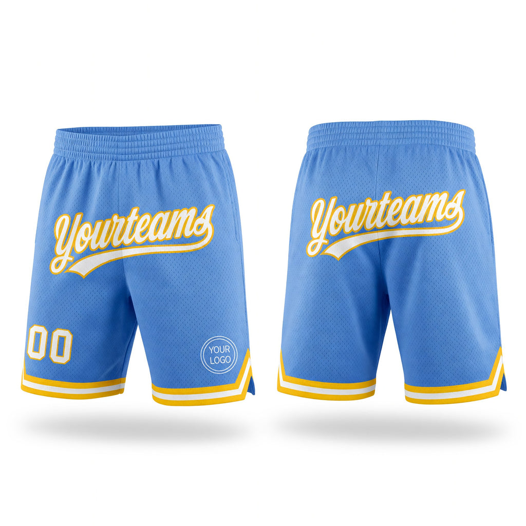 Custom Light Blue White-Gold Authentic Throwback Basketball Shorts